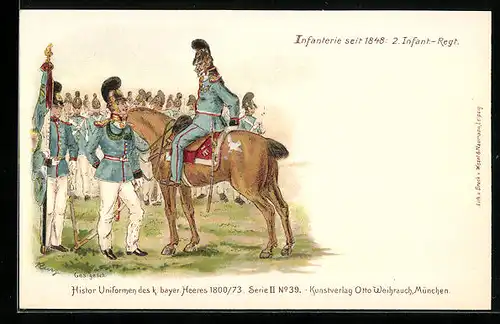 Lithographie Infanterie seit 1848: 2. Infat.-Regt., Histor, Uniformen des k. bayer Heeres