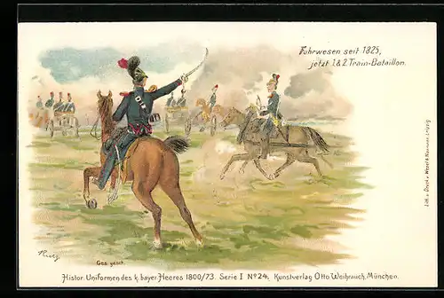 Lithographie Regiment Fuhrwesen, Soldaten zu Pferd in historischen Uniformen des k. bayr. Heeres