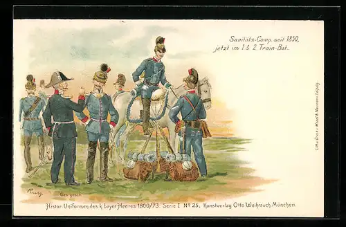 Lithographie Blau-uniformierte Soldaten des 1. und 2. Train.-Bat.