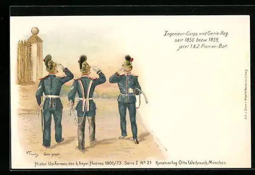 Lithographie Salutierende Soldaten in Uniform, Ingenieur-Corps und Genie-Regiment, 1. u. 2. Pionier-Bat.