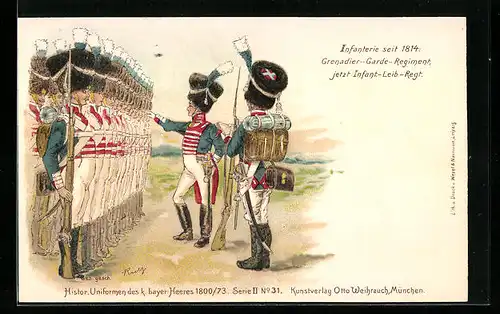 Lithographie Historische Uniformen d. k. bayr. Heeres 1800 /73, Infanterie seit 1814, Grenadier-Garde-Rgt.