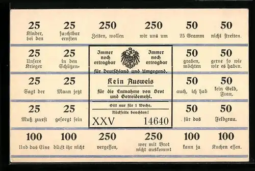 AK Kein Ausweis für die Entnahme von Brot und Getreidemehl, Kriegsnot