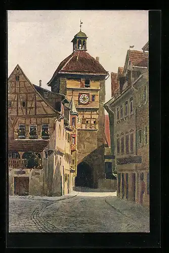 Künstler-AK Esslingen a. N., Wolfs-Tor mit Uhrenturm