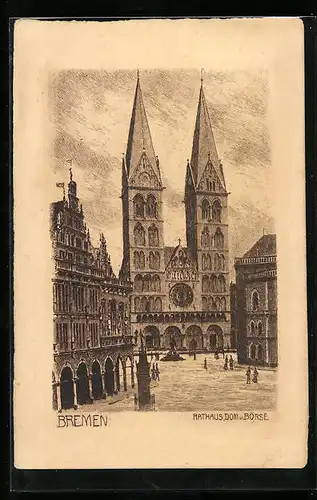 Künstler-AK Bremen, Rathaus, Dom und Börse