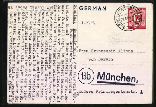 AK Autograph Prinzessin Elisabeth Maria von Bayern, an Prinz Alphons von Bayern, Serlesspitze