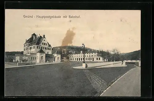 AK Gmünd, Hauptpostgebäude mit Bahnhof