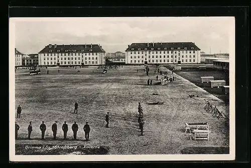 AK Grimma i. Sa., Strassburg-Kaserne mit Soldaten