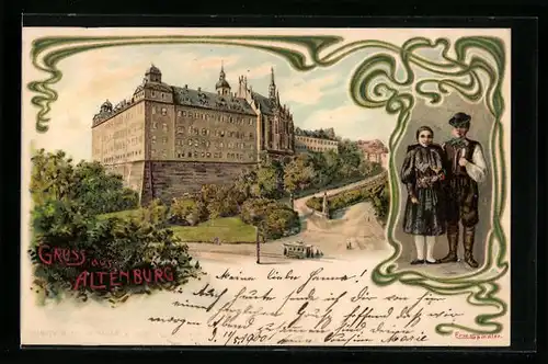Lithographie Altenburg, Schloss mit Strassenbahn, Paar in Tracht
