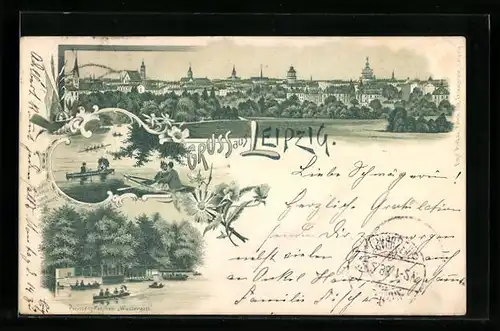 Lithographie Leipzig, Teilansicht, Pleissenpfahlbau Wassergott, Uferpartie mit Booten