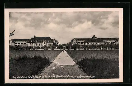 AK Leipzig, Krankenhaus zu St. Georg, Parkansicht mit Badehaus und Operationshaus