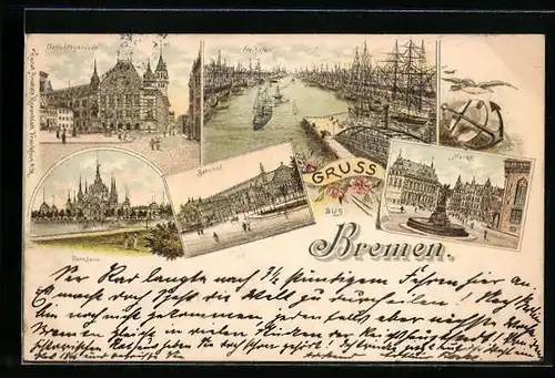 Lithographie Bremen, Gerichtsgebäude, Parkhaus, Bahnhof, Freihafen