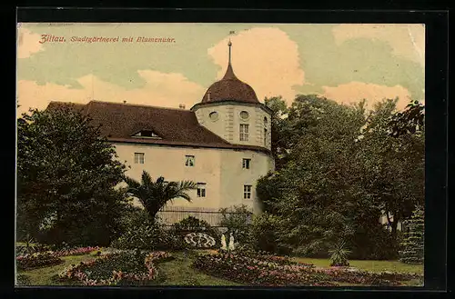 AK Zittau, Stadtgärtnerei mit Blumenuhr