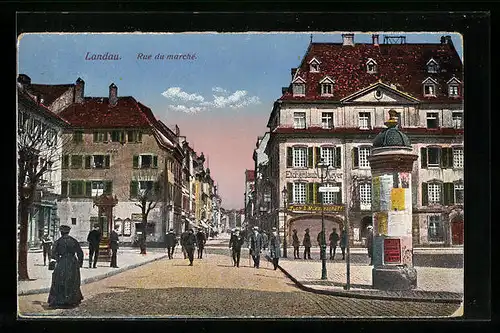 AK Landau, Rue du marché, Strassenpartie mit Geschäften und Litfasssäule