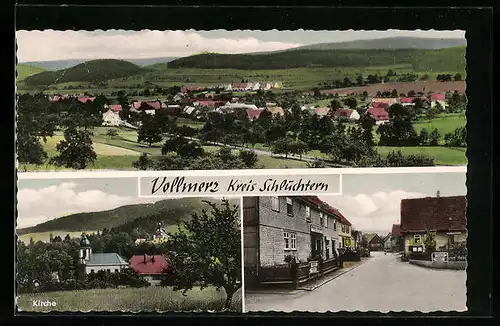 AK Vollmerz /Kreis Schlüchtern, Strassenpartie mit Bäckerei, Kirche, Teilansicht