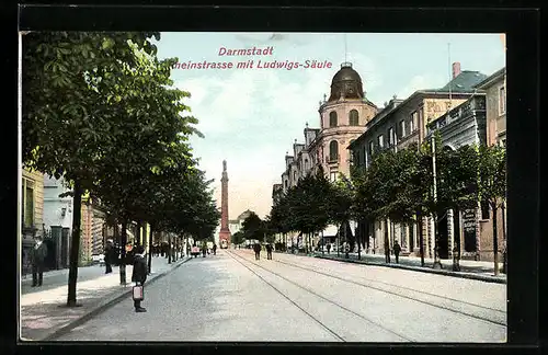 AK Darmstadt, Rheinstrasse mit Geschäft und Ludwigs-Säule