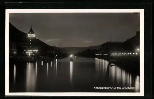 AK Bad Ems /Lahn, Uferpartie am Abend