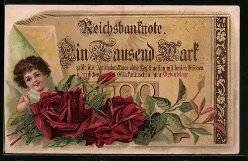 Künstler-AK Engel mit Reichsbanknote, Geld