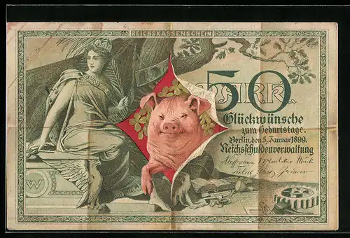AK Reichskassenschein 50 Mark, Glücksschwein, Geld