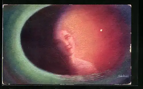 Künstler-AK sign. J. Edelman: Damenportrait in grünen und roten Lichtern