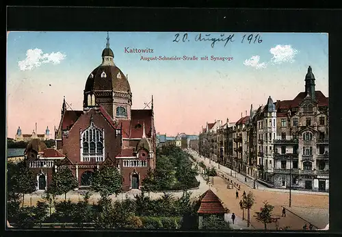 AK Kattowitz, August-Schneider-Strasse mit Synagoge