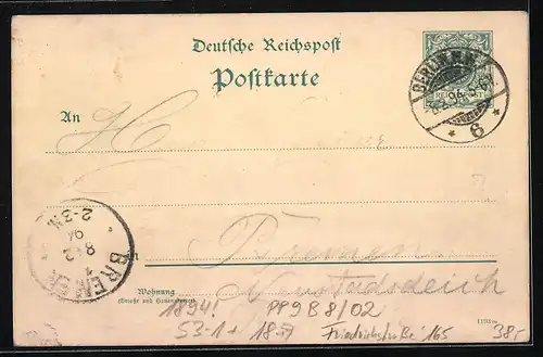 Vorläufer-Lithographie Berlin, Pschorrbräu-Ausschank Ferd. Printz, Friedrichstr. 165, Ganzsache PP9 B8 /02 1894