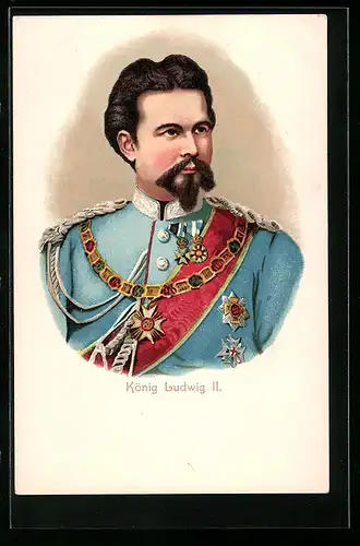 Lithographie Portrait von König Ludwig II. in Uniform