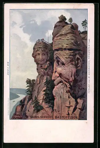 Künstler-AK Schwanke Ser. 1 Nr. 2: Basteifelsen in der Sächs. Schweiz, Berg mit Gesicht / Berggesichter