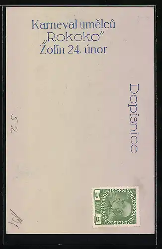 Künstler-AK Karneval umelcu Rokoko, Zofin 24 únor, Dame in Mode des Rokoko