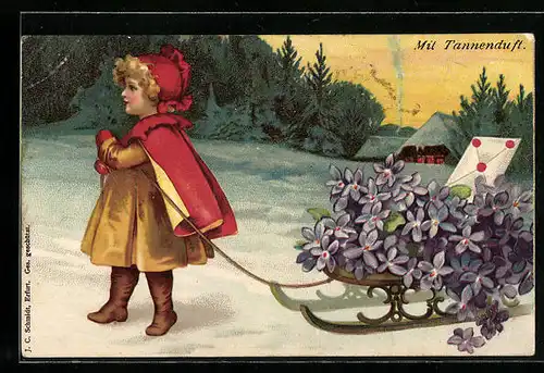 Duft-AK Mädchen mit Schlitten voller Veilchen, mit Tannenduft