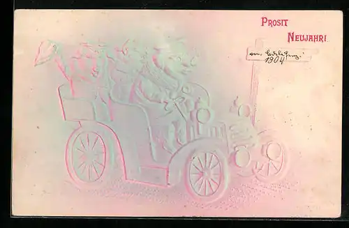 Präge-Airbrush-AK Schweine rasen im Auto ins neue Jahr
