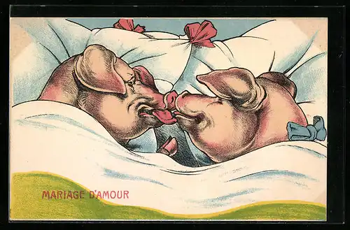 AK Mariage d`Amour, Liebesheirat, Schweinepaar beim Kuss