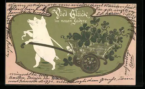 Präge-AK Schwein zieht einen Karren mit Glücksklee