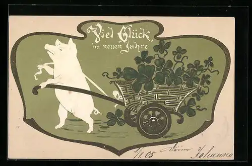 Präge-AK Schwein zieht einen Karren voller Glücksklee