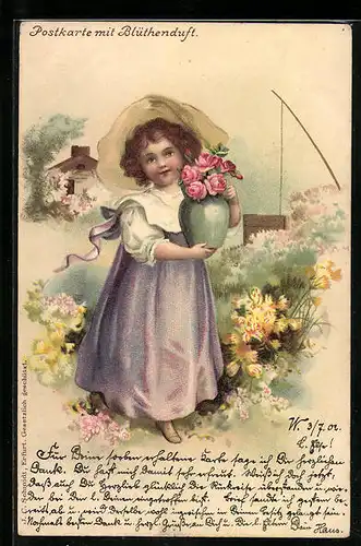 Duft-AK Mädchen mit Blumenvase in Blumengarten