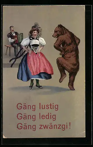 AK Frau tanz mit Bär und Mann spielt Akordion, vermenschlichte Tiere