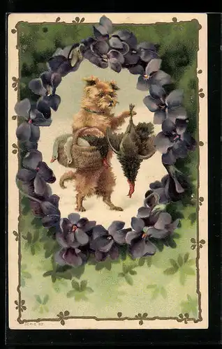 AK Terrier mit erlegten Hühnern im Korb, im Blumenkranz