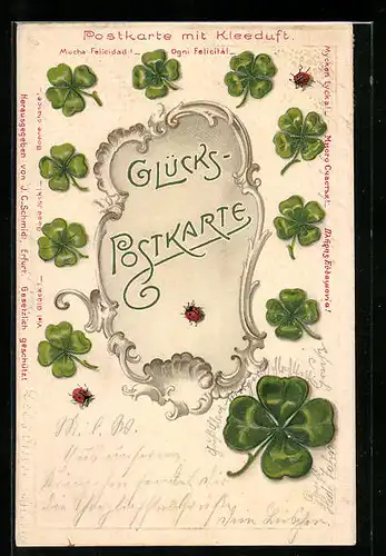 Duft-AK Glücks-Postkarte, Marienkäfer und Vierblättriger Klee
