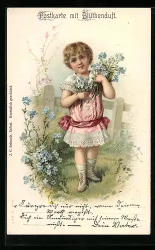 Duft-AK Kleines Mädchen mit Blumenstrauss im Garten
