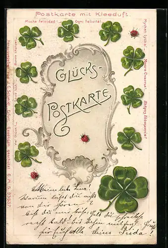 Duft-AK Glücks-Postkarte mit Marienkäfer und Vierblättrigem Klee