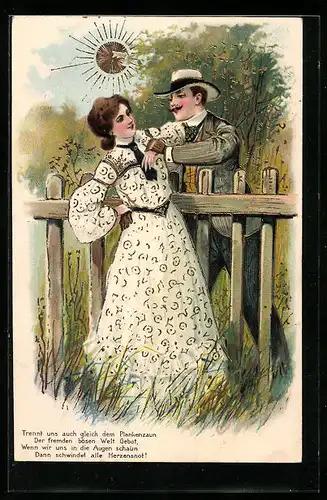 Sonnenschein-AK Mann schmeichelt Frau am Zaun