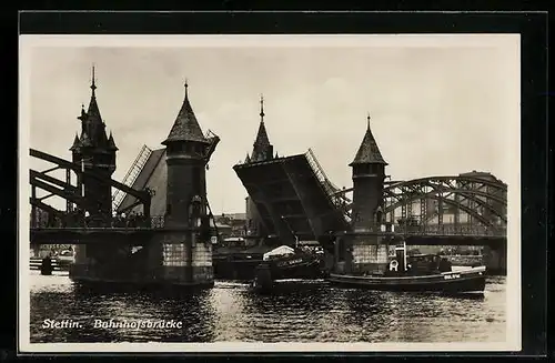 AK Stettin, Ortspartie mit Bahnhofsbrücke