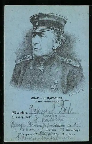 AK Heerführer Graf von Haeseler, Portrait mit Schirmmütze in dekorierter Uniform