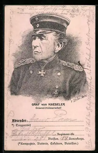 AK Heerführer Graf von Haeseler, Generalfeldmarschall, Portrait in dekorierter Uniform