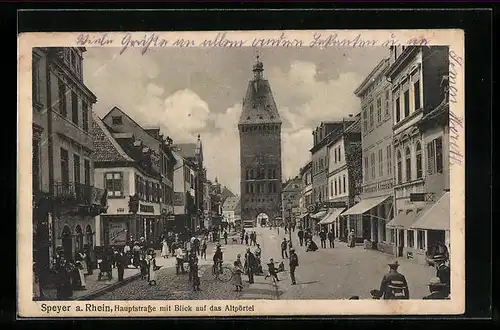 AK Speyer a. Rhein, Hauptstrasse mit Blick auf das Altpörtel