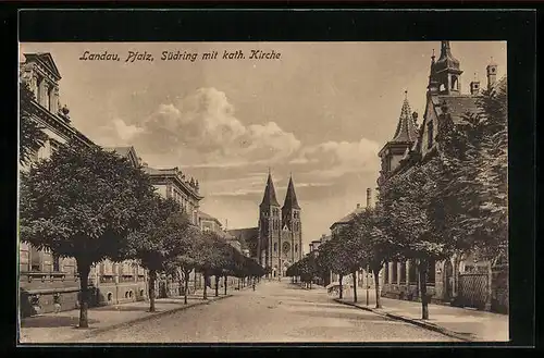 AK Landau, Südring-Strasse mit kath. Kirche