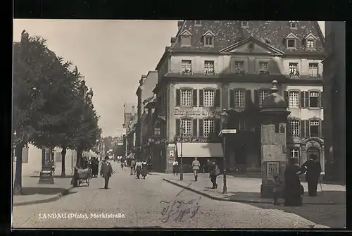 AK Landau, Marktstrasse und Litfasssäule