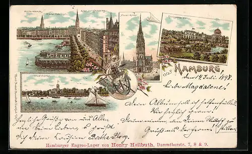 Lithographie Hamburg, Uhlenhorst, Alsterdamm und Nicolai-Kirche