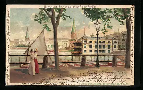 Lithographie Hamburg-Neustadt, Binnen-Alster mit Alster-Pavillon