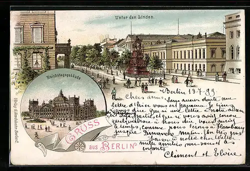Lithographie Berlin, Unter den Linden, Reichstagsgebäude