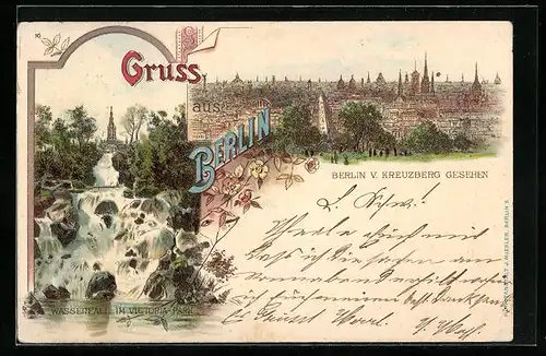 Lithographie Berlin, Wasserfall im Victoria Park, Ortsansicht von Kreuzberg aus